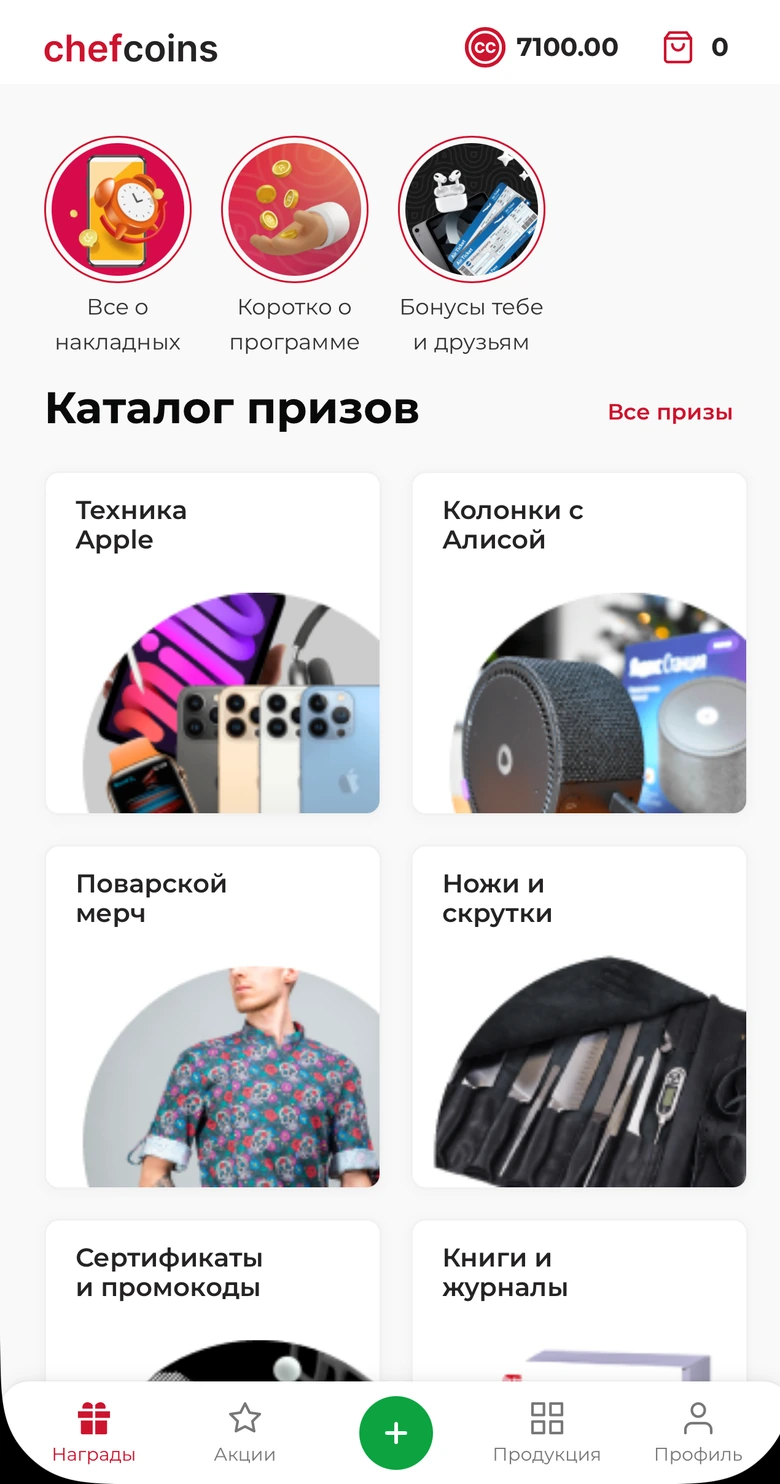 Каталог призов ChefCoins в Telegram: баланс 7100 шефкоинов, категории призов